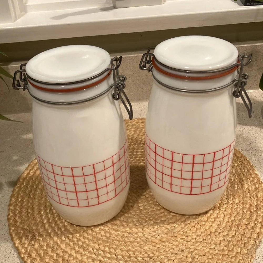 Vintage Wheaton 1.5L Milk Glass Flour & Sugar Jars/Canisters - Red & White